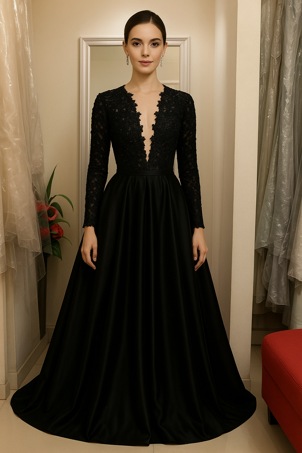 Black long evening dress, long lace sleeves, deep V-neck