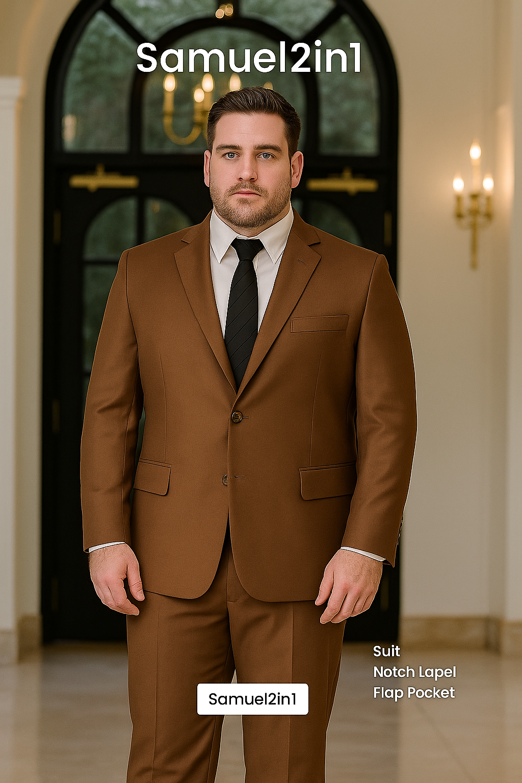 仕立てたてのブラウンスーツ(3XL~6XL)-ノッチラペル、フラップポケット