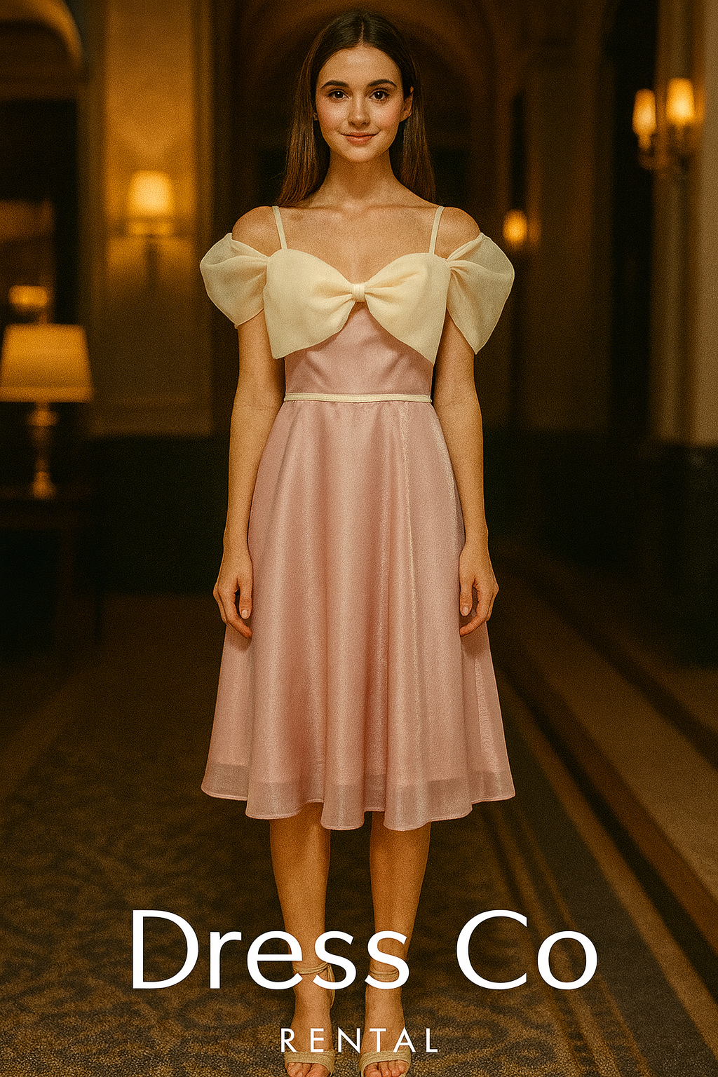 เดรสโบว์สีครีม–ชมพู หวานหรู อกโบว์ใหญ่ ความยาวปานกลาง (Size M)