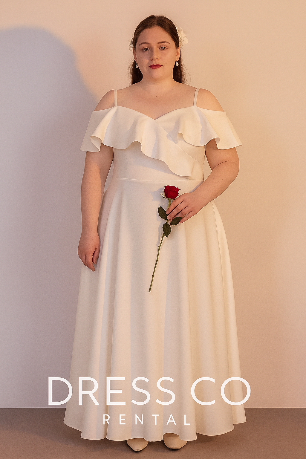 เดรสออกงานพลัสไซส์ สีขาวดีไซน์ระบายไหล่ (Size 3XL)