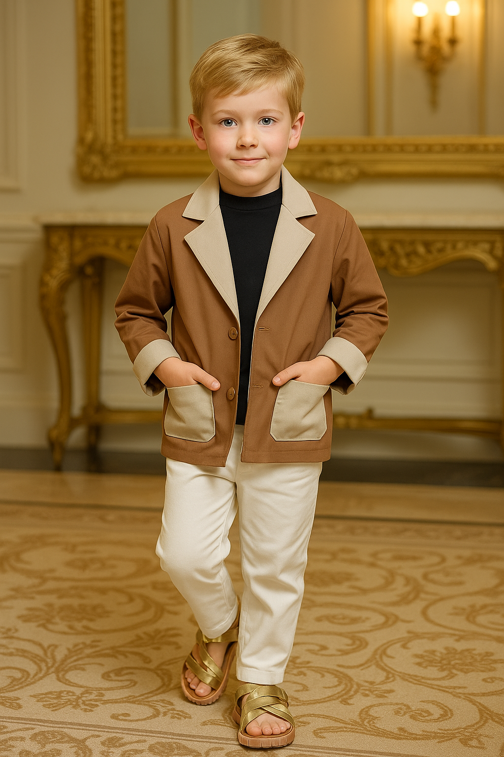 リバーシブル子供用スーツ、ベージュブラウン | 男の子と女の子向け