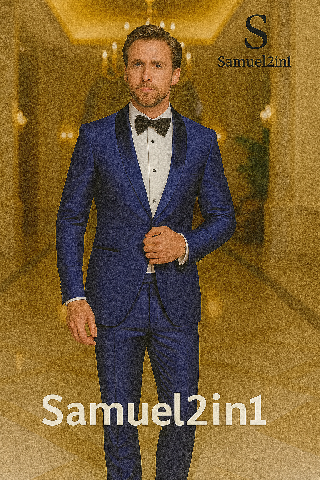 Royal Blue Tuxedo with Satin Lapel and Bow Tie (2nd Style)