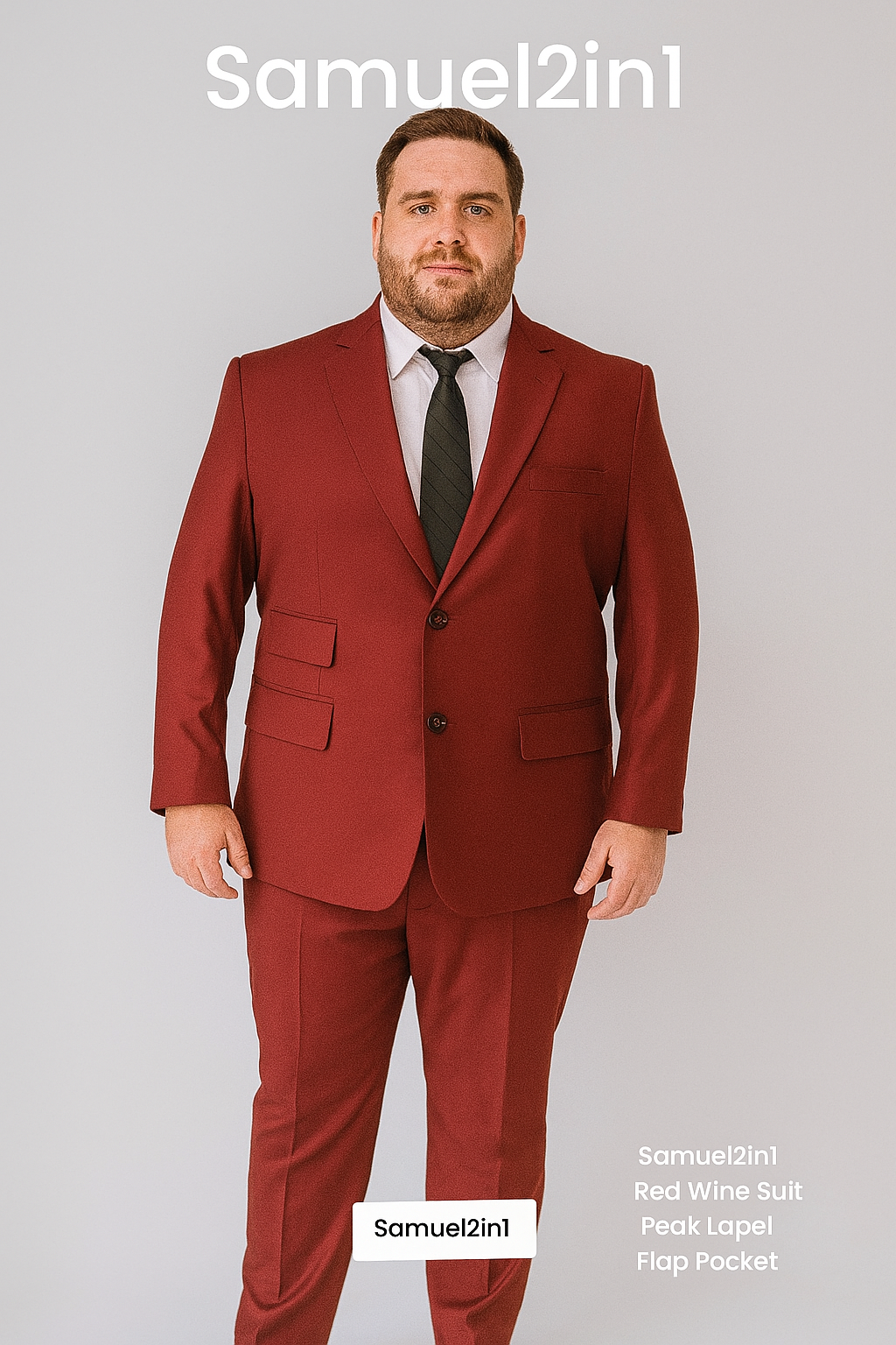 สูทเช่าตัดใหม่ สีแดงไวน์ ไซส์ใหญ่ – ปกแหลม กระเป๋าฝาปิด Wine Red Plus-Size Suit – Peak Lapel with Flap Pocket