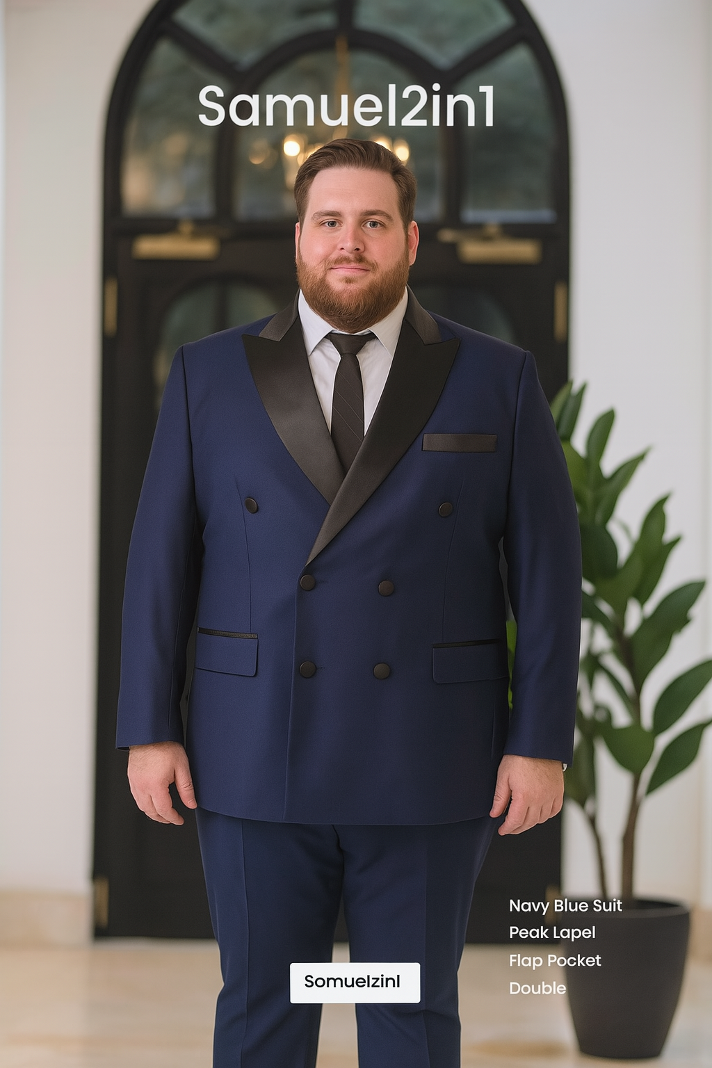 レンタル用の新仕立てスーツ、ネイビーブルー、ダブルブレスト(ピークドラペル)、サイズ3XL~6XL