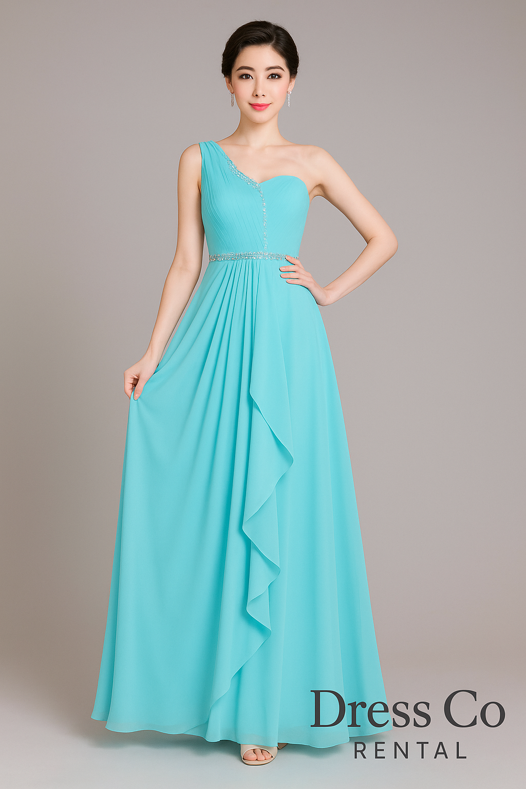 One-shoulder crystal-embellished long dress in blue chiffon with a layered ruffled skirt.