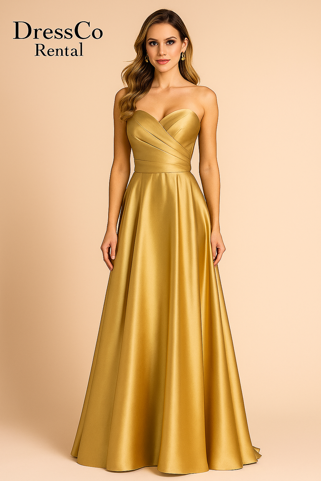 Gold strapless long evening dress with crossed bodice and satin flared skirt.