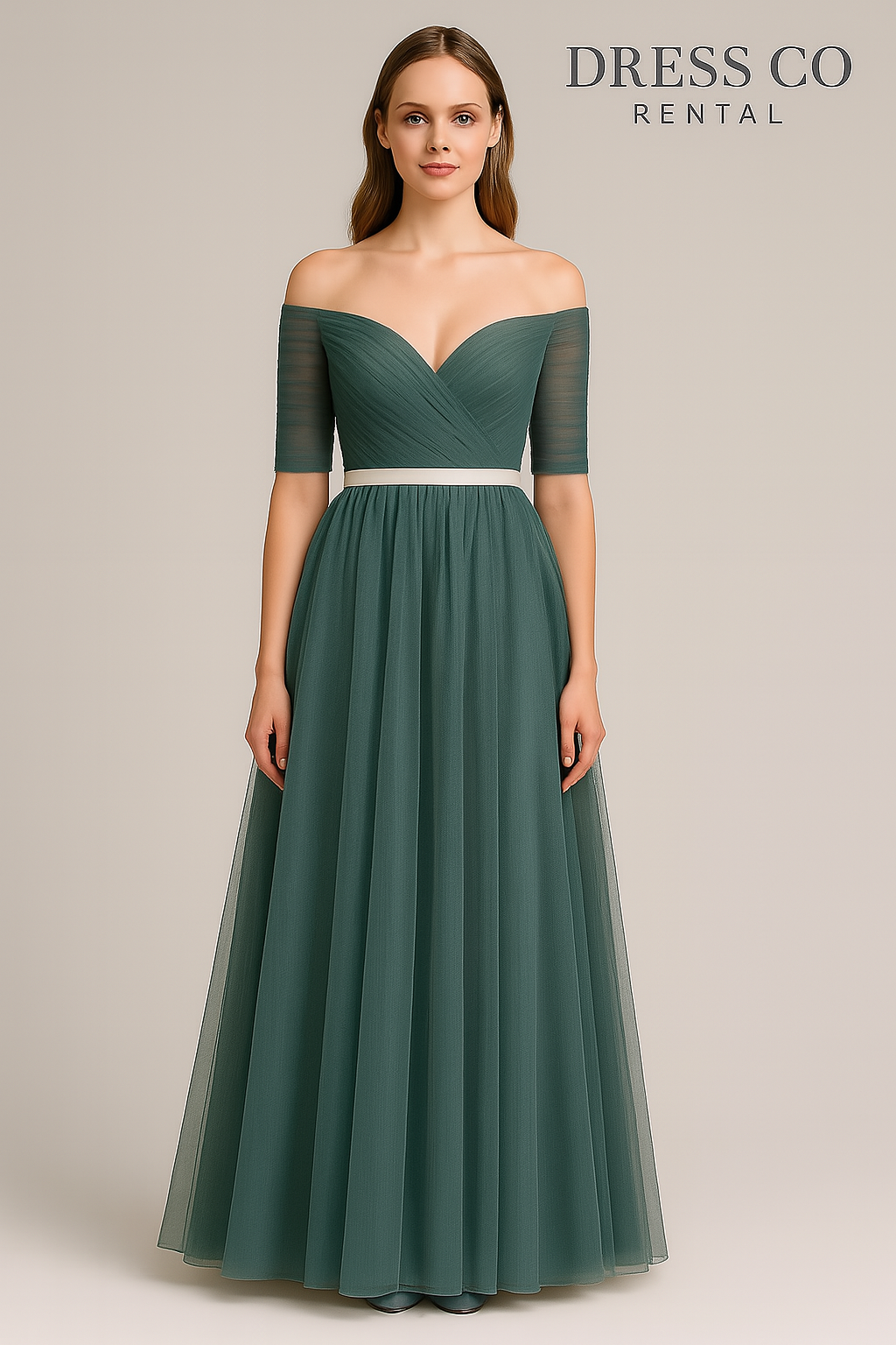 Off-shoulder evening dress in dark green with a cream sash
