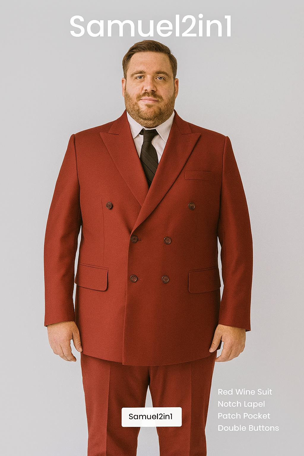 สูทเช่าตัดใหม่ สีแดงไวน์ ไซส์ใหญ่ 3XL–6XL – คอปกเรียบ กระดุมคู่ Wine Red Plus-Size Suit (3XL–6XL) – Notch Lapel, Double Breasted