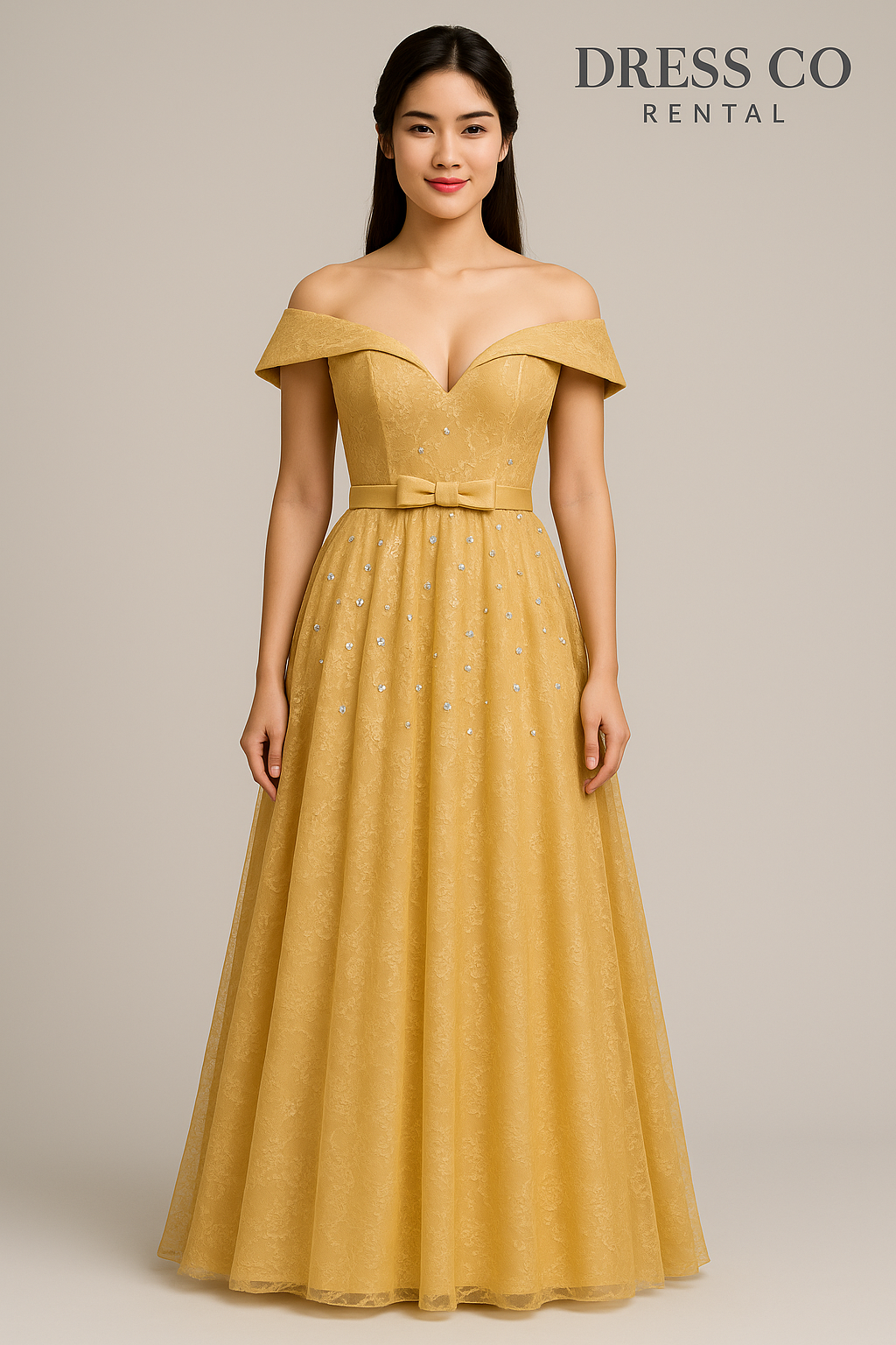 Golden Lace Sequin Bow Gown