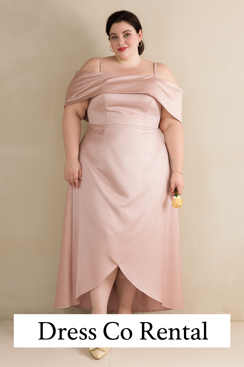 ชุดเดรสพลัสไซส์โทนชมพูซาตินเปิดไหล่ – Size 3XL