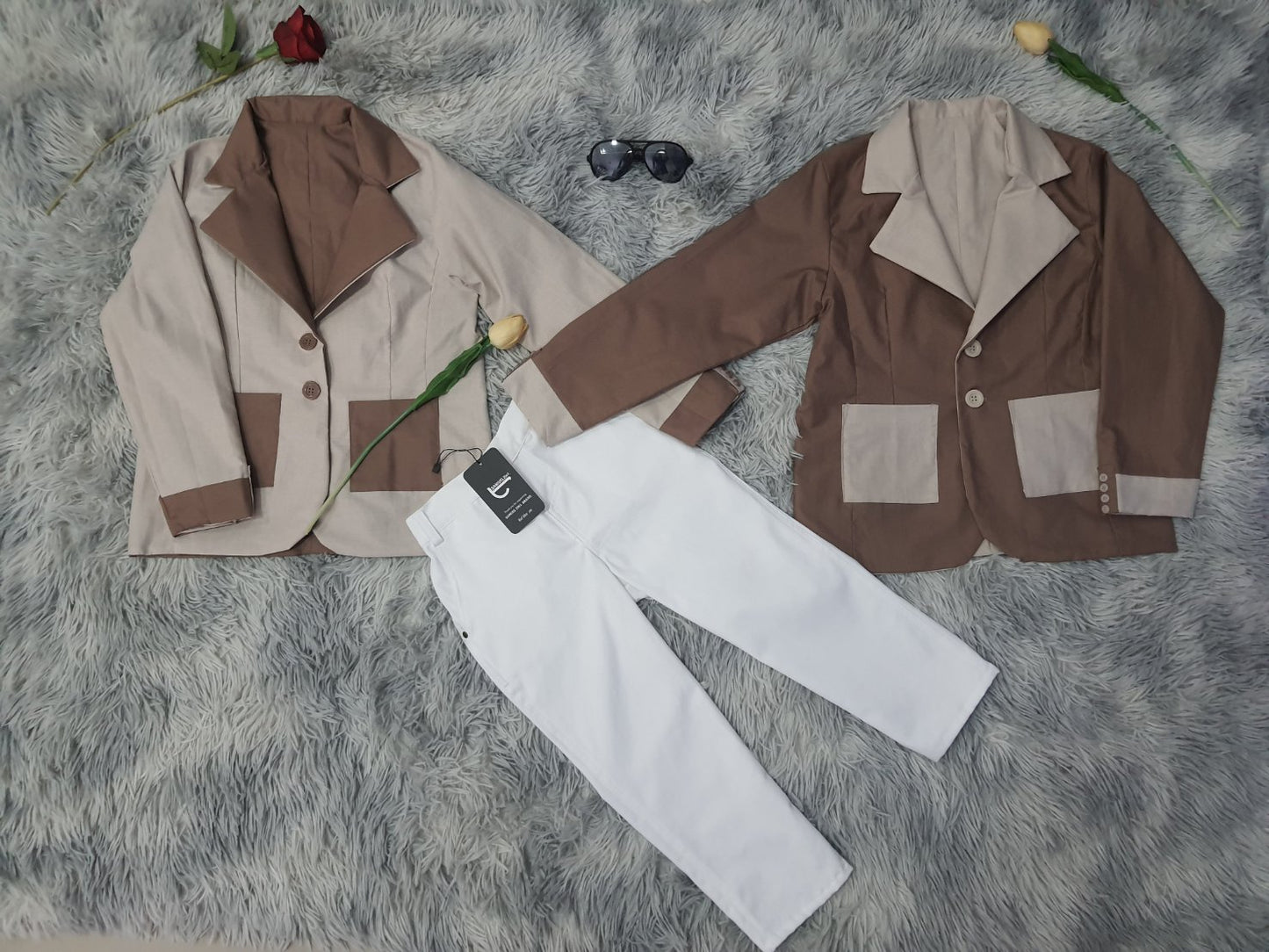 Reversible Kids Suit - Cream & Brown + White Pants