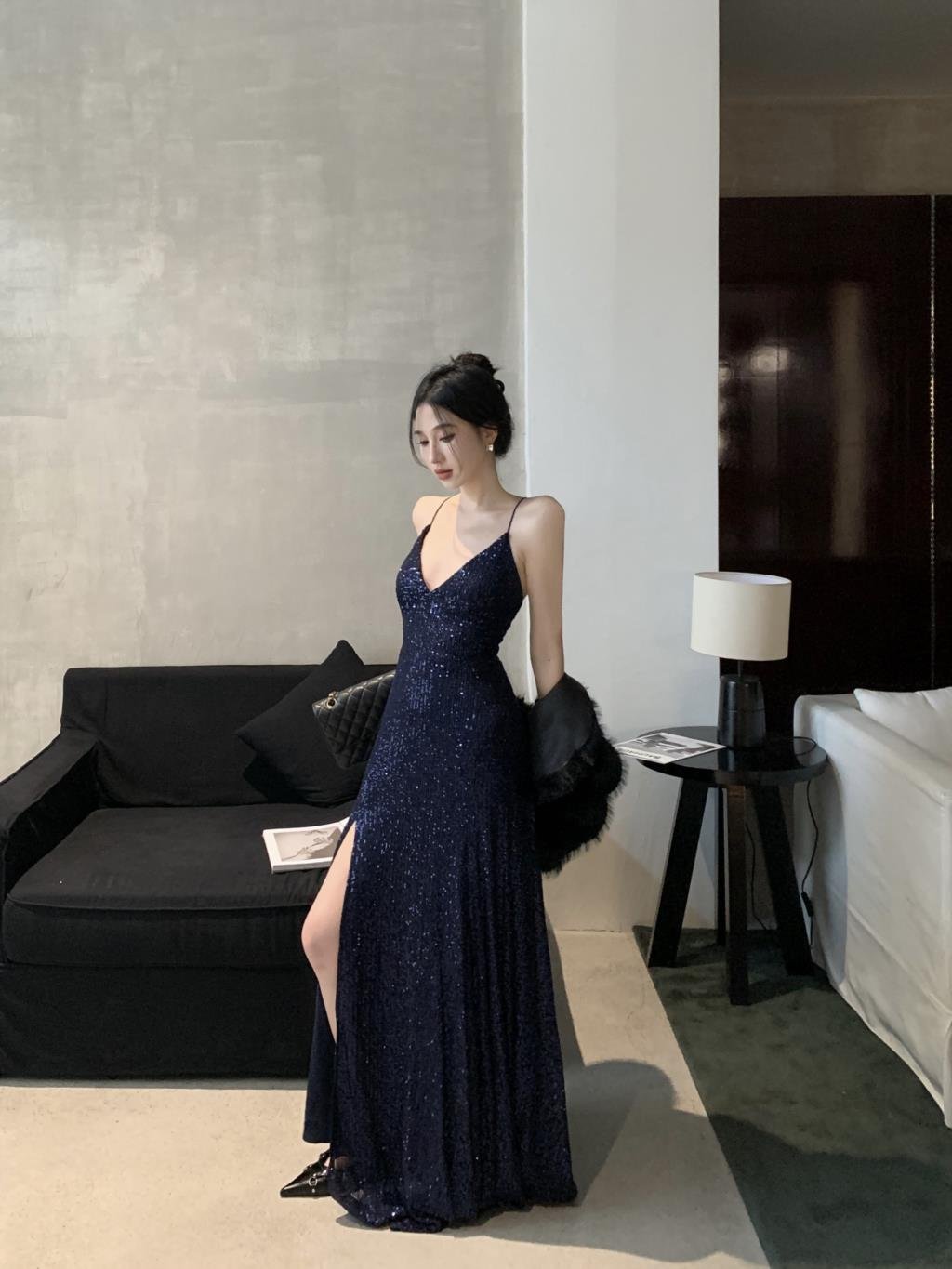 Navy Glitter Slit Gown