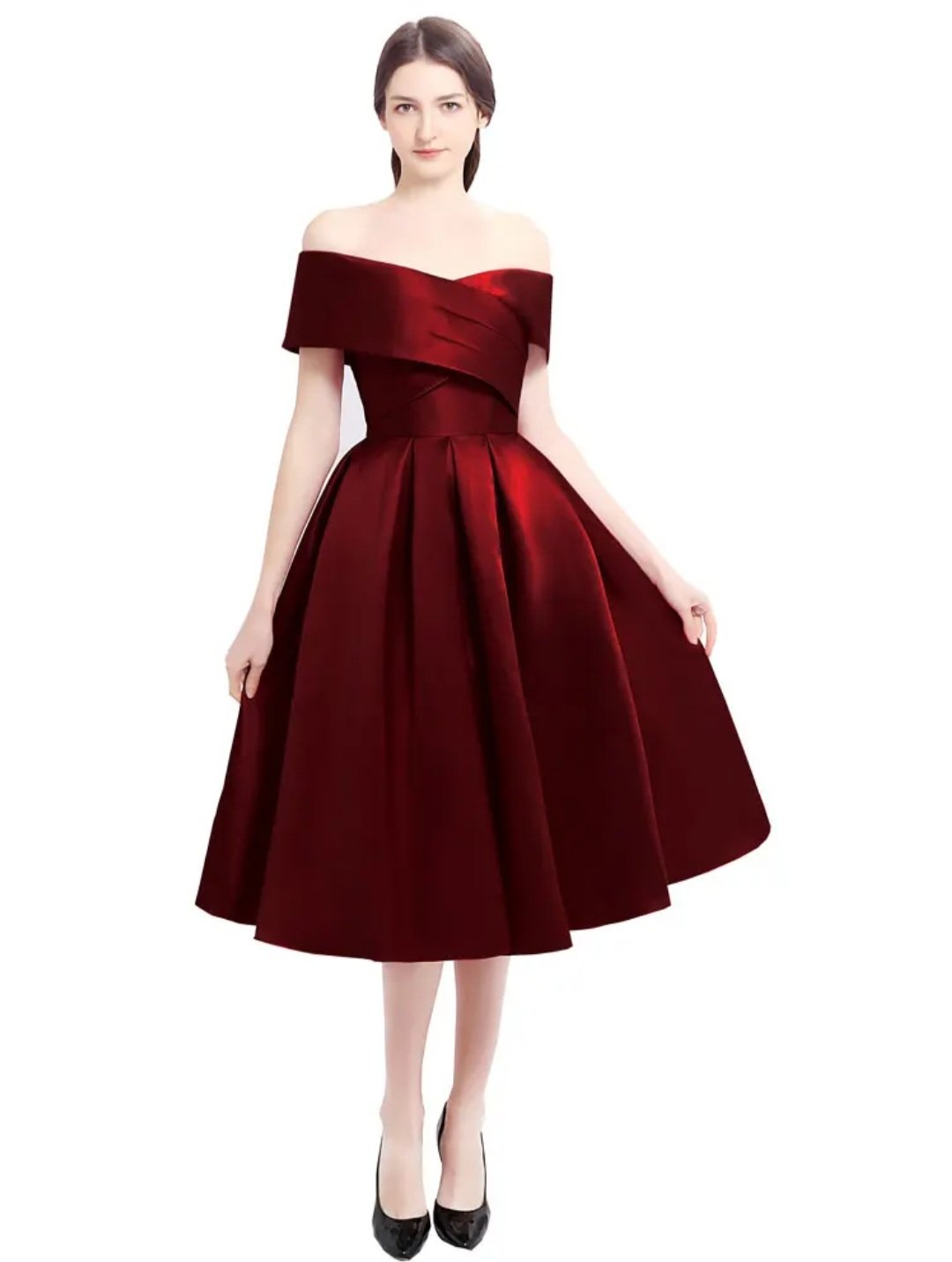เดรสสั้นเปิดไหล่ สีแดงเบอร์กันดี / Burgundy Off-Shoulder Short Dress