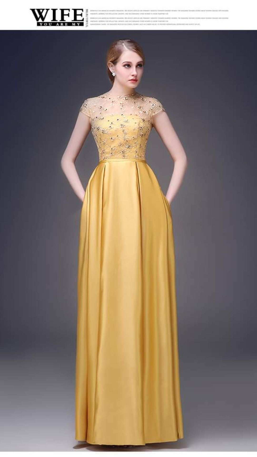 ชุดราตรียาวสีทองปักคริสตัล / Embellished Gold Satin Gown