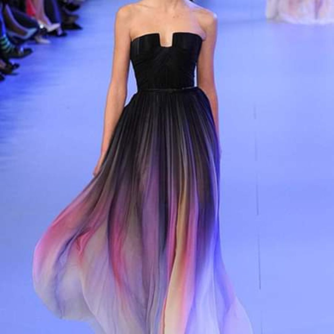Black-purple-pink gradient long evening dress, strapless style
