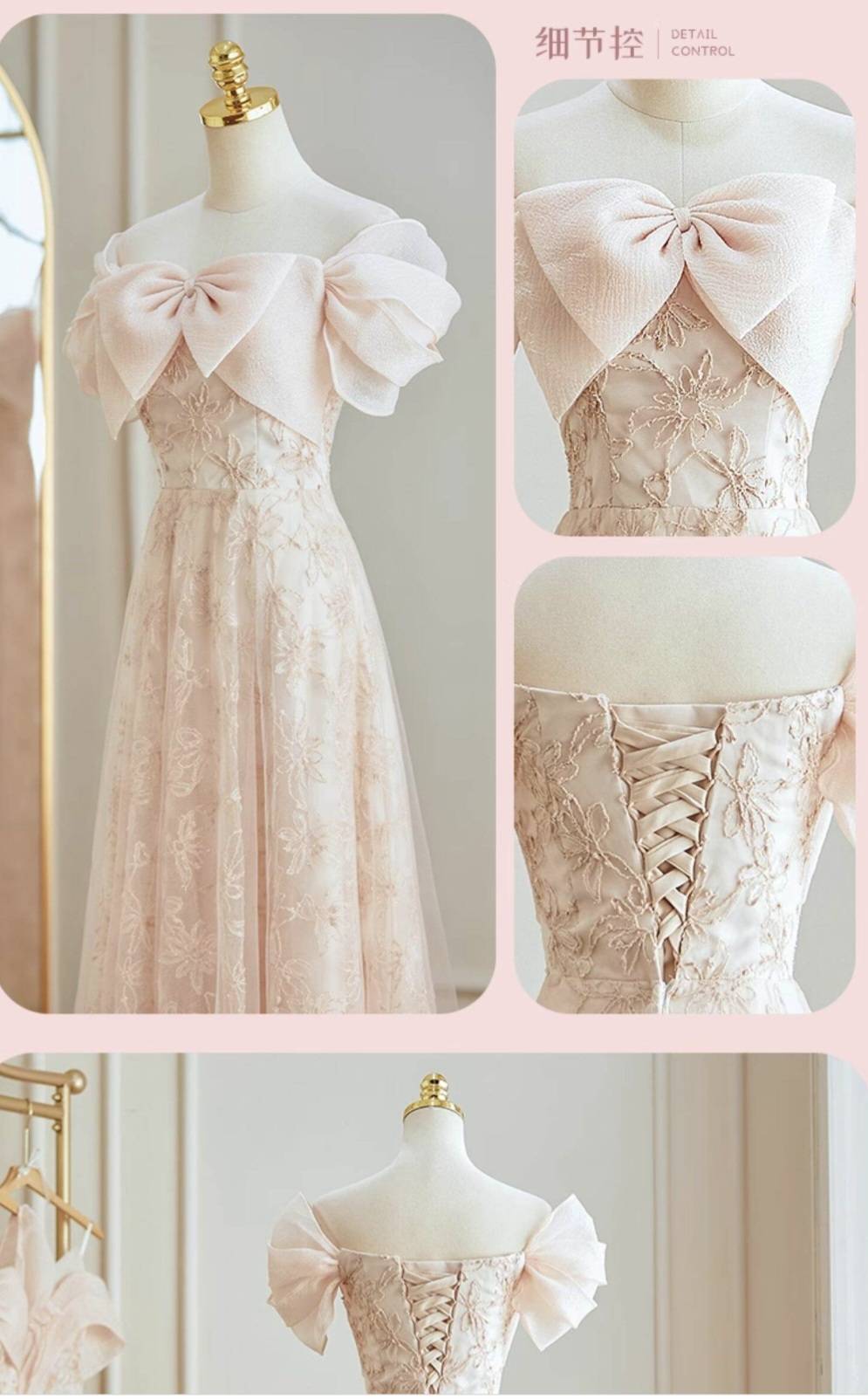 ชุดราตรีโทนสีพีชดีไซน์โบว์หน้า อกเปิดไหล่ ขายดี