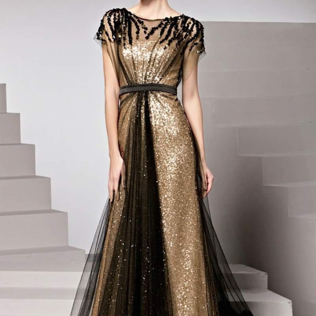 Gold Glitter Dress with Black Tulle