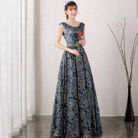 navy-gold-embroidery-gown | Navy Gold Embroidery Evening Gown