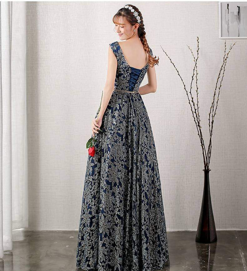 navy-gold-embroidery-gown | Navy Gold Embroidery Evening Gown