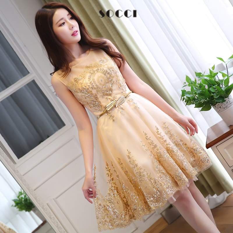 เดรสครีมทอง ปักลายหรู แขนกุด ทรงเอไลน์/Gold Cream Sleeveless Embroidered A-Line Dress