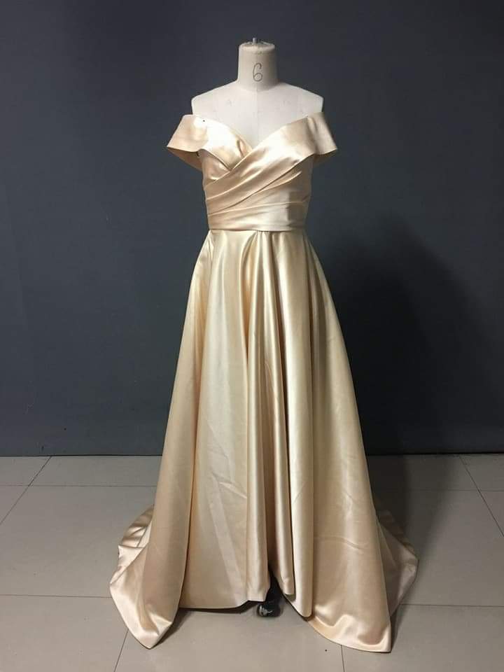 Cream Satin Off-Shoulder Dress