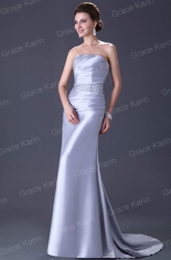 Silver Satin Dress with Beaded Waist