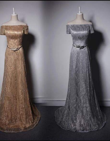 ชุดกลิตเตอร์เปิดไหล่ทอง-เงิน / Glitter Off-Shoulder Dress Gold & Silver