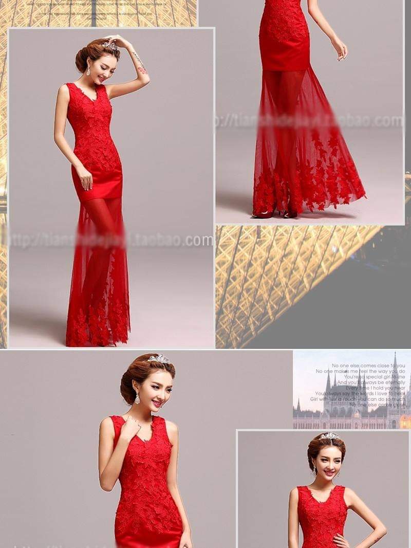 Red Floral See-through Gown / ชุดราตรีซีทรูปักลายดอกสีแดง