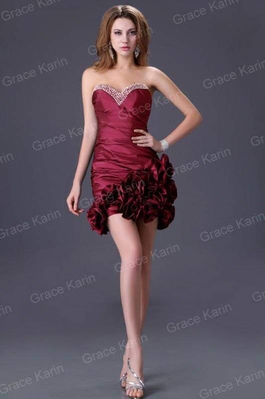 เดรสสั้นเกาะอกไวน์แดง แต่งเพชรและระบายดอกไม้/Burgundy Strapless Mini Dress with Rhinestones and Rosette Ruffles