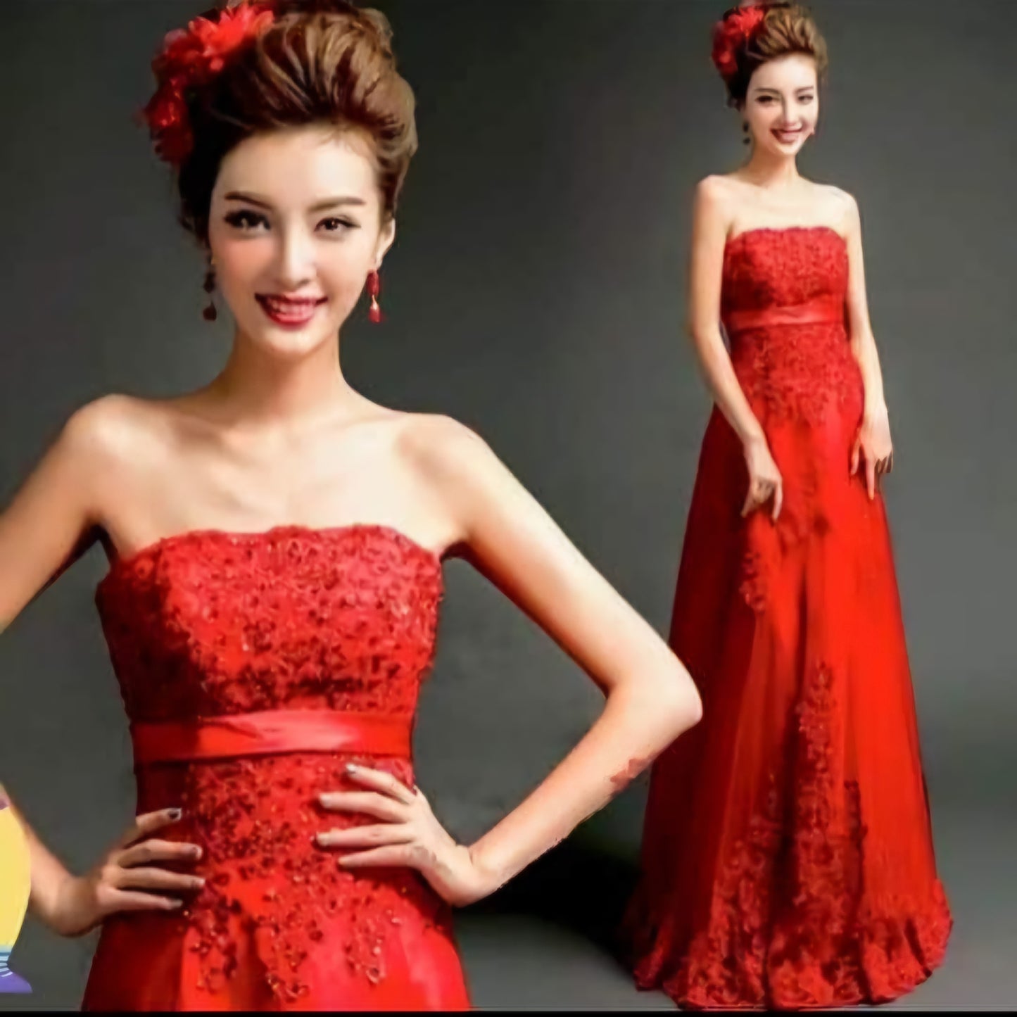 Red Sequin Strapless Gown / ชุดราตรีปักเลื่อมเกาะอกสีแดง