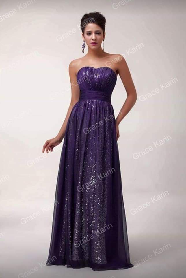 Purple strapless long evening dress made of sparkling glitter fabric