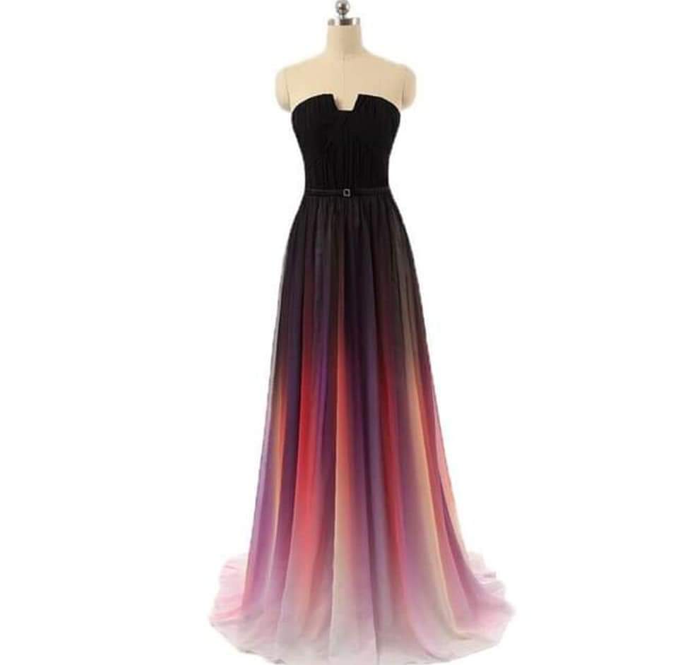 Black-purple-pink gradient long evening dress, strapless style