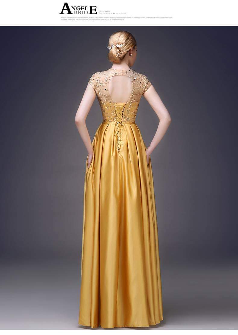 ชุดราตรียาวสีทองปักคริสตัล / Embellished Gold Satin Gown