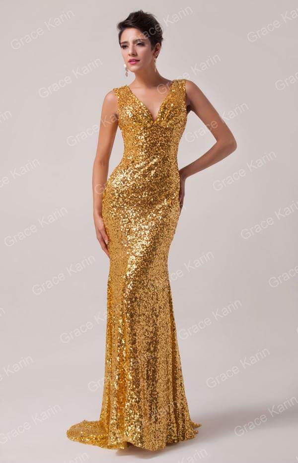 Gold Sequin Long Evening Dress