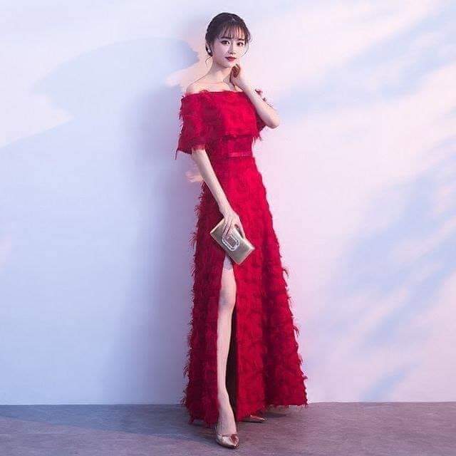 Red Feathered Slit Long Dress