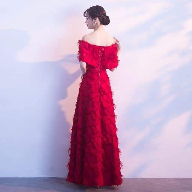 Red Feathered Slit Long Dress