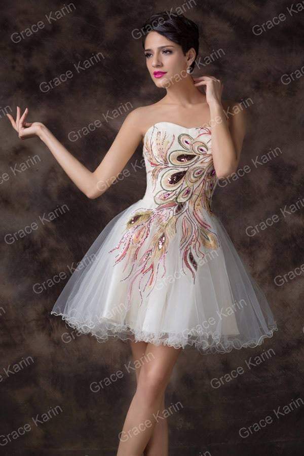 เดรสเกาะอกลายขนนก พิมพ์ลายพริ้นท์หรู /Strapless Feather-Printed Tulle Dress