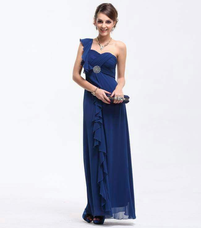ชุดราตรีไหล่เฉียงระบายหน้าสีน้ำเงินเข้ม | One-Shoulder Ruffle Front Dress - Navy Blue