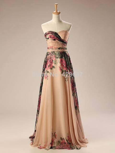 เดรสสายเดี่ยวลายดอกพีช | Floral Peach Chiffon Gown