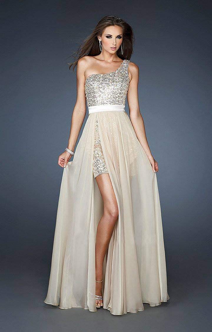 Silver Glitter Split Gown | Silver long evening gown with sequins and a one-shoulder front slit