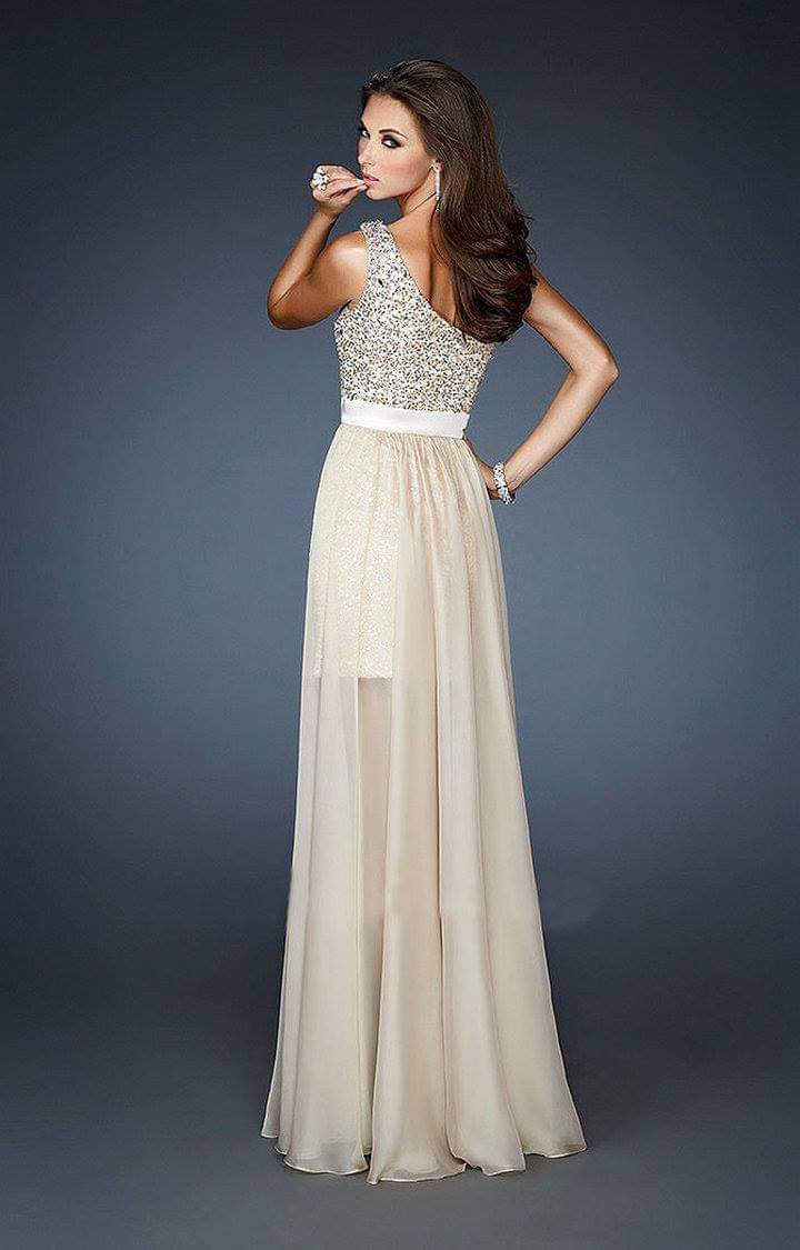 Silver Glitter Split Gown | Silver long evening gown with sequins and a one-shoulder front slit
