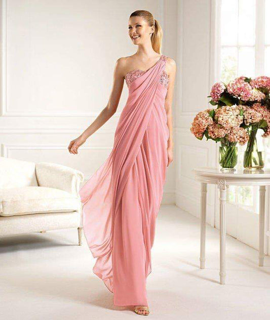 Pink Draped One-Shoulder Gown | ชุดราตรียาวสีชมพูไหล่เดียว ผ้าชีฟองพลิ้ว