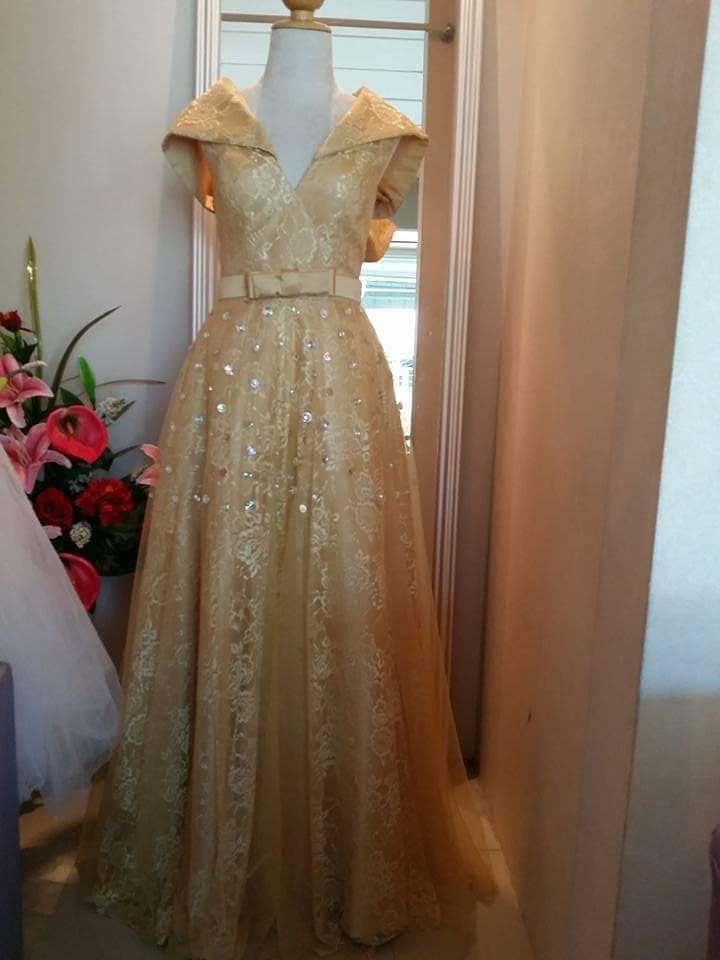 Golden Lace Sequin Bow Gown