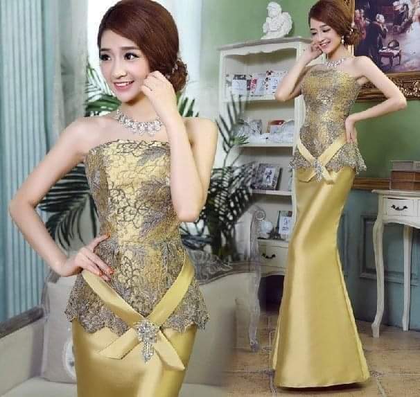 Golden Mermaid Lace Gown | Long mermaid evening gown in gold satin with lace trim