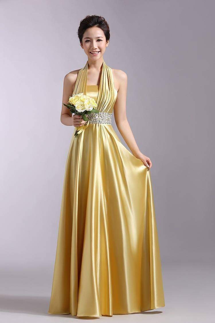 Golden Satin Halter Gown | Golden satin long evening gown with a luxurious diamond halter neckline