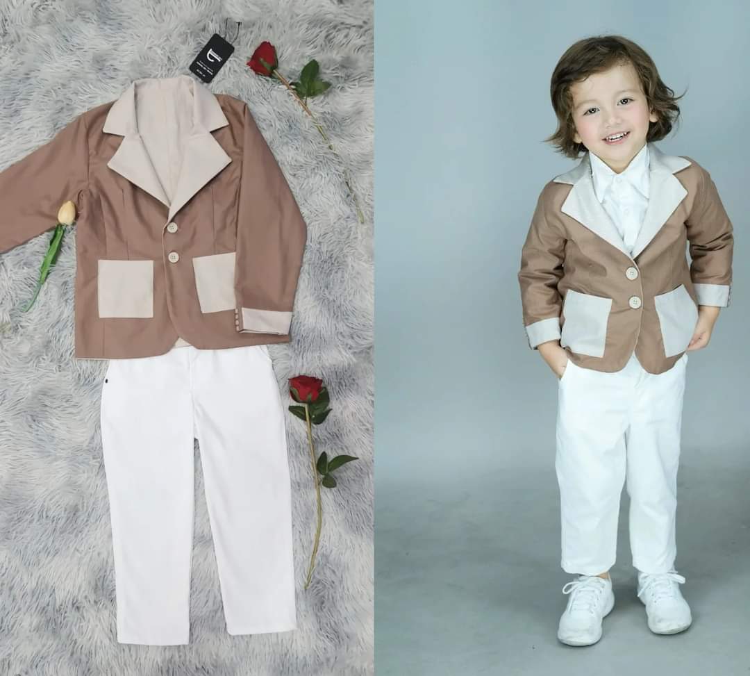 Reversible Kids Suit - Cream &amp; Brown + White Pants