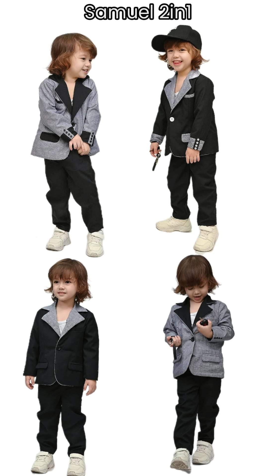 Samuel2in1 2-sided children's suit - black x white and gray plaid