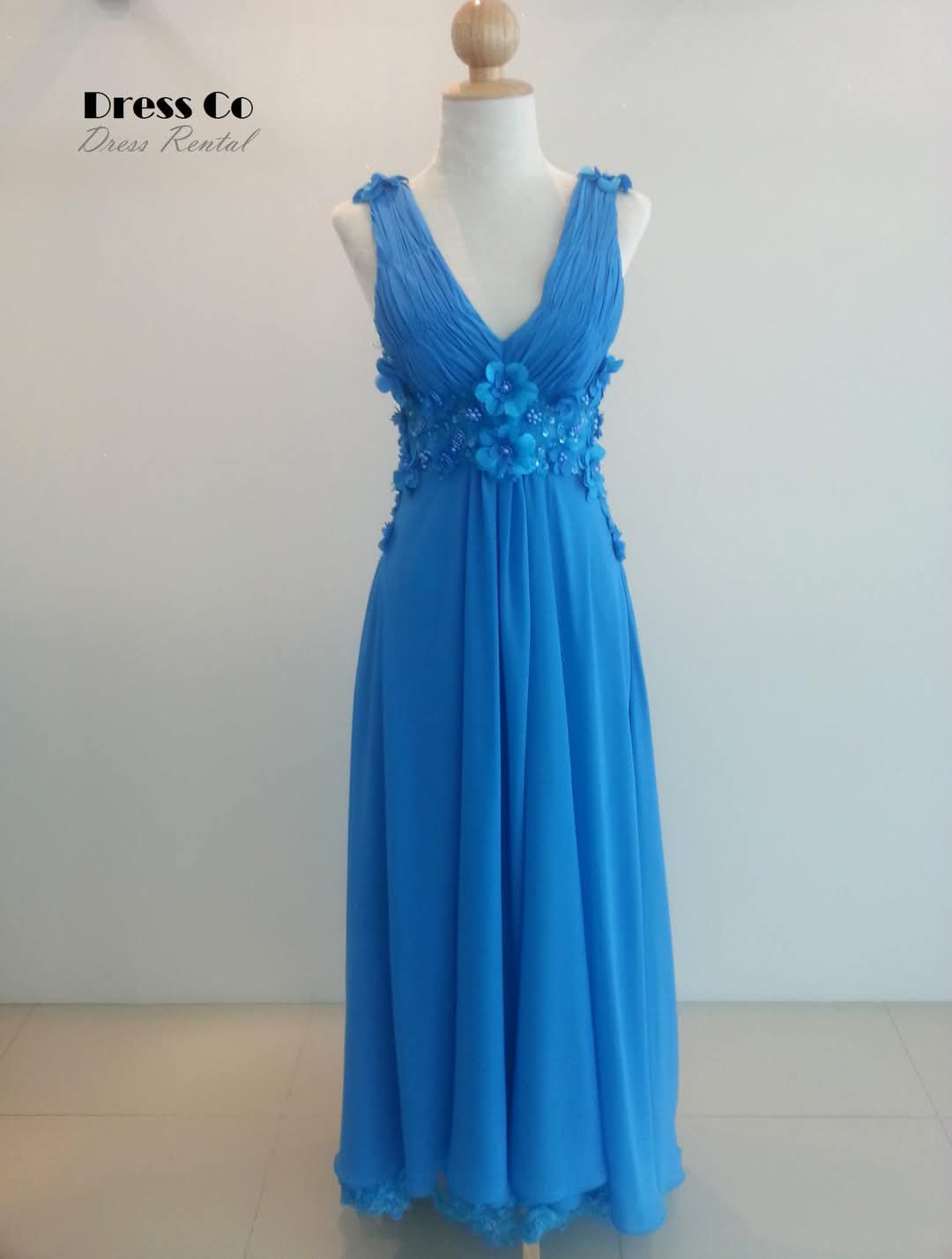 Blue V-Neck Floral Gown