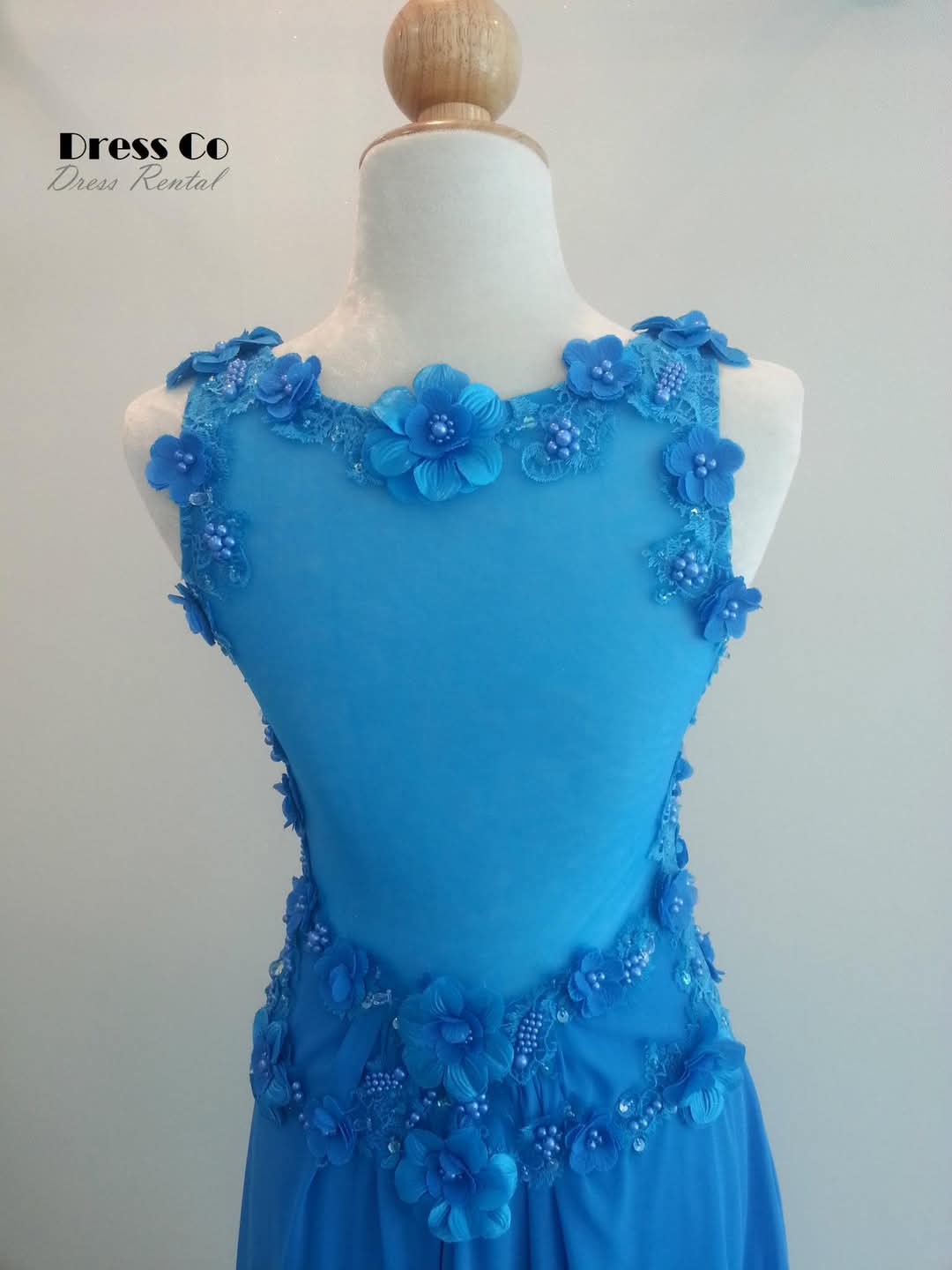 Blue V-Neck Floral Gown