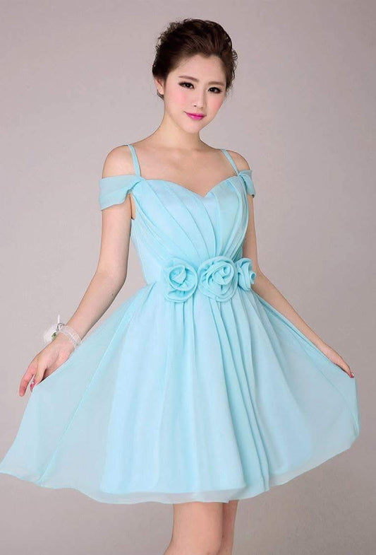 เดรสฟ้าเปิดไหล่สายเดี่ยวแต่งดอกไม้ | Sky Blue Shoulder Strap Dress